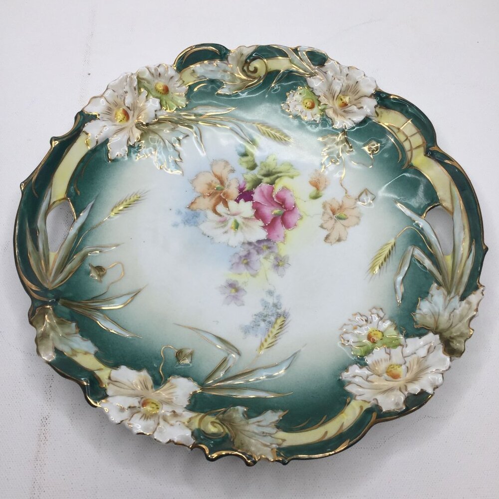 Vintage 10" Prussia Decorative Turquoise Floral Ceramic Plate Hanging White Pink